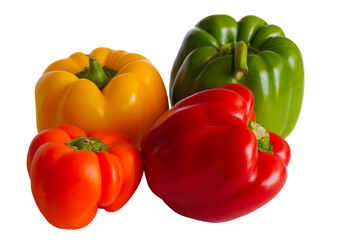 Four multicolored juicy fleshy bell peppers (sweet pepper) isolated on white background