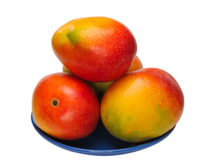 Red ripe sweet juicy delicious mango on a blue plate, isolated on white background