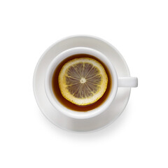 A cup of tea with a slice of lemon, isolated on a white background. Top view. Close-up.