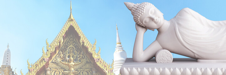 3D illustration Buddha statue in nirvana with temple background.
