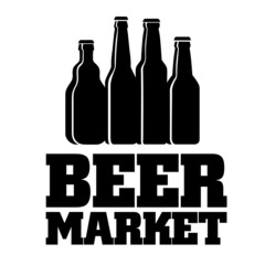 Beer Market logo. Black and white vector graphics. Three silhouettes of beer bottles and an inscription