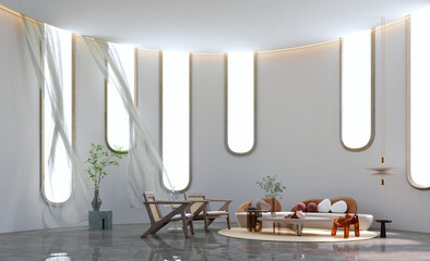 3d rendering,3d illustration, Interior Scene and  Mockup,Living room with circular space, cylindrical aperture, modern style wood trim.