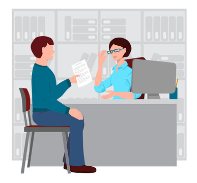 Female manager is sitting at a table. Young man sits on a chair and holds out paper. Guy communicates with the supervisor. Discussion between the boss and the subordinate. Vector illustration