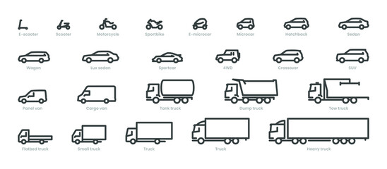 Big set car icons, different transport types  - obrazy, fototapety, plakaty