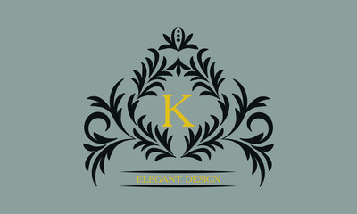 Floral monogram for postcards, invitations, menus, labels with the letter K. Graphic design of pages, business sign, boutiques, cafes, hotels. Classic design elements for wedding invitations.