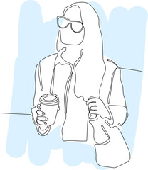 Coffee Business Concept-Woman buting coffee and serving a paper cup of hot coffee in cafe. Hand drawn in thin line style, vector illustrations. Vector illustration