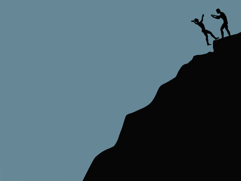 Man climber pushing his friend down the mountain vector.. Blank or empty blue copy space for advertising texts. Doing harm someone concept idea. Analogical or metaphoric expression for business life.