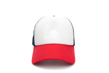 A navy blue, red, white baseball cap, isolated on white background.
