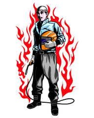 standing MIG welder with fire background vector illustration