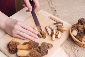 Cooking morel mushrooms, top view