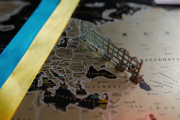 Political map of Europe. Barbed wire on the part of Russia and the Ukrainian flag