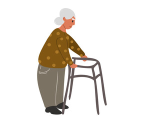 An elderly woman or grandmother walks with a walker. Problems with the movement of elderly people. Vector illustration