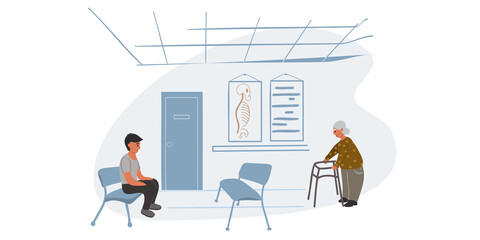 People in the lobby of the hospital. A young male patient is waiting for his turn in the doctor's office. Wishing or an old woman on a walker goes to the doctor's office. Vector illustration 