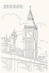 London Landmark. London Landscape. Big Ben Tower. Illustration sketch with vector drawing.