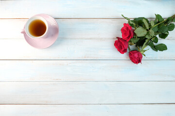 bouquet of white, pink roses with a copy space for the designer, flowers for professional holiday on light table in office, concept of mother's, Valentine's day, birthday, selective focus