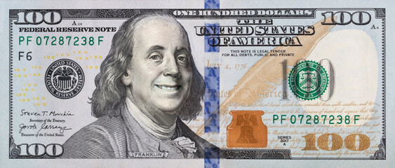 Benjamin Franklin smiling on 100 dollar banknote - obrazy, fototapety, plakaty