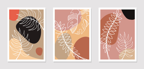 Set of wall art vector drawings. Outline drawing of tropical plants and abstract shapes. Abstract floral design for prints, covers and backgrounds, wallpapers. Vector illustration