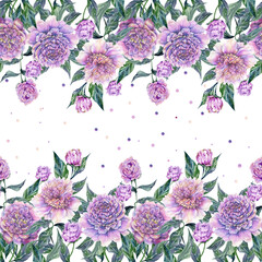 Beautiful peony flowers with leaves on background. Seamless floral pattern, border. Watercolor painting. Design for fabric, wallpaper, bed linen, greeting card design - 504429717