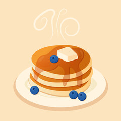 illustration with hot pancakes with honey, butter and blueberry