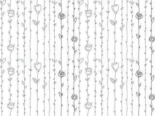 Seamless floral pattern of rose stems, leaves and buds