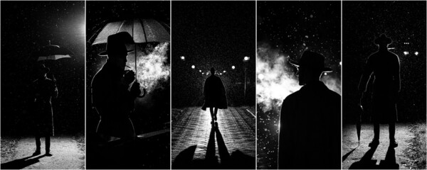 Collage of photos in noir style with a man in raincoat and hat in the rain with an umbrella with a...