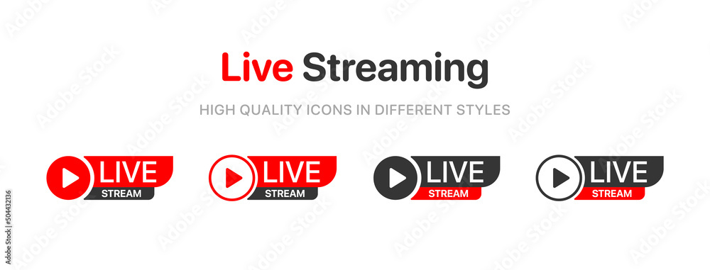 Poster Live streaming icon set. Set of live stream icons. Set of video broadcasting icon.. Button, red symbols for TV, news, movies, shows. Online stream icons.