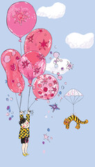 A little boy flies on a bunch of balloons, and a cat floats smoothly down a parachute. Vector children birthday party in colorful doodle style for invitation or greeting cards  - 504434112