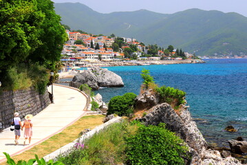 The picturesque city Herceg Novi, Montenegro, in mountains, shore of Kotor. Scenic summer resort...