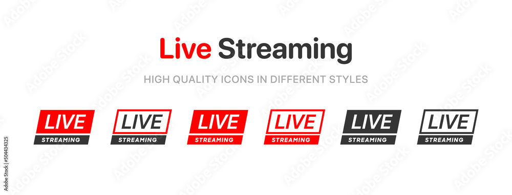 Poster Live streaming icon set. Set of live stream icons. Set of video broadcasting icon.. Button, red symbols for TV, news, movies, shows. Online stream icons.