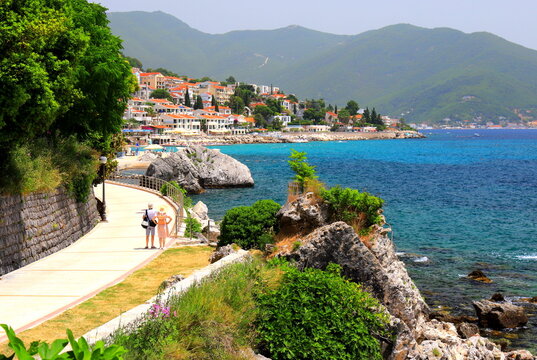 The picturesque city Herceg Novi, Montenegro, in mountains, shore of Kotor. Scenic summer resort landscape in Herceg Novi. Spring, summer rest, vacation