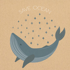 Whale on craft paper background, cardboard. World Environment Day. Save ocean. Vector illustration