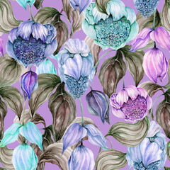 Beautiful medinilla flowers on climbing twigs against lilac background. Seamless floral pattern. Hand painted illustration. Fabric, wallpaper and linens design. - 504438756