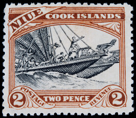 briefmarke stamp vintage retro alt old niue cook island two pence 2 schiff ocean ship boat boot segeln sailing race rennen welle meer post letter mail brief inseln braun brown