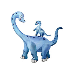 Watercolor dinosaur mom and baby. Cute blue diplodocus izolated on a white background © lyubovyaya