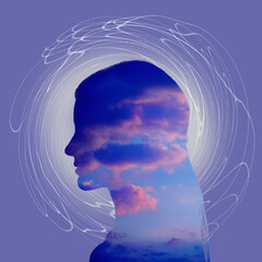 Silhouette of a woman's head with clouds inside on a purple lavender background. Meditation and...