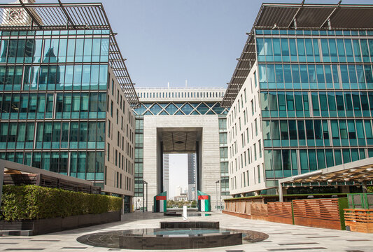 Dubai, UAE - April 17, 2022: The Gate DIFC, Gate - Building 4 and 3.