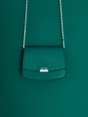 Emerald green fashionable leather purse with silver details as designer bag and stylish accessory,...