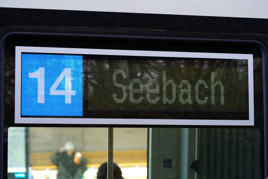 Close-up of sign of tram line 14 at tram station Milchbuck at City of Z&uuml;rich on a sunny spring day. Photo taken March 21st, 2022, Zurich, Switzerland.