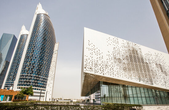Dubai, UAE - April 17, 2022: Dubai International Financial Center, DIFC Mosque, Damac Park Towers.