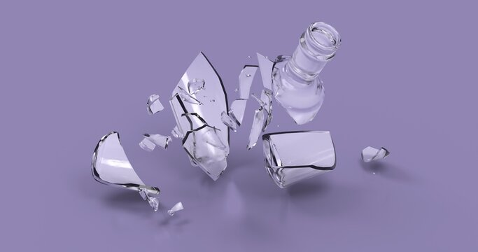 Smashed broken glass soda beer wine empty bottle. Transparent white color shards. Frozen in the air bullet time 3D illustration.  Violet very pery 2022 color background
