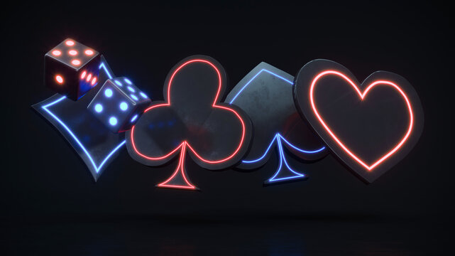 Neon casino background playing cards and dice falling, online casino banner, modern black casino gambling background 3d rendering