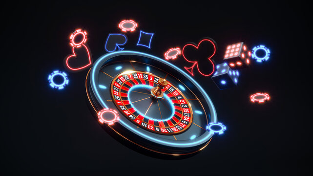 Neon casino background with roulette, playing cards and chips falling, online casino banner, 3d rendering