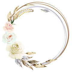 Round floral frame with delicate white roses with brown leaves and herbs isolated on white background. Hand drawn watercolor. Copy space.