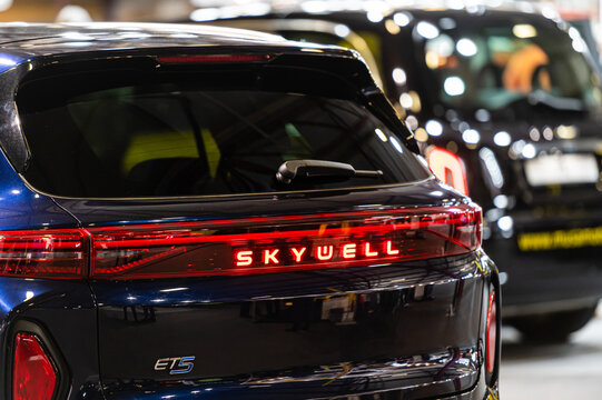 LED taillights and car design closeup of nev Skywell ET5 electric crossover, model 2022