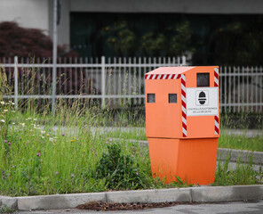 Traffic Enforcement Camera with TEXT that means electronic speed control in italian language