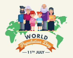 World Population Day 11th July people children men women on globe poster vector graphic