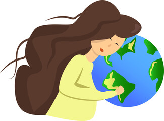 A young woman embraces planet Earth with care and love. Vector illustration of Earth Day 