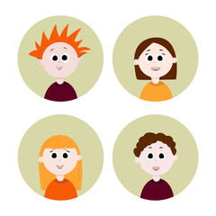 Set of kid boys and girls avatars flat style, vector illustration isolated on white background. Cute happy children faces, round user profiles collection