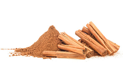 Ceylon cinnamon sticks and pile of ground cinnamon isolated on a white background - obrazy, fototapety, plakaty