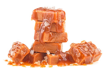 Salted caramel candies with caramel sauce isolated on a white background. Toffee candies. - obrazy, fototapety, plakaty